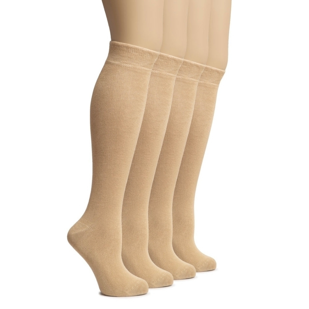 Hugh Ugoli Women's Knee High Bamboo Socks-beige Sz (8-11) 2 Pairs Per Package